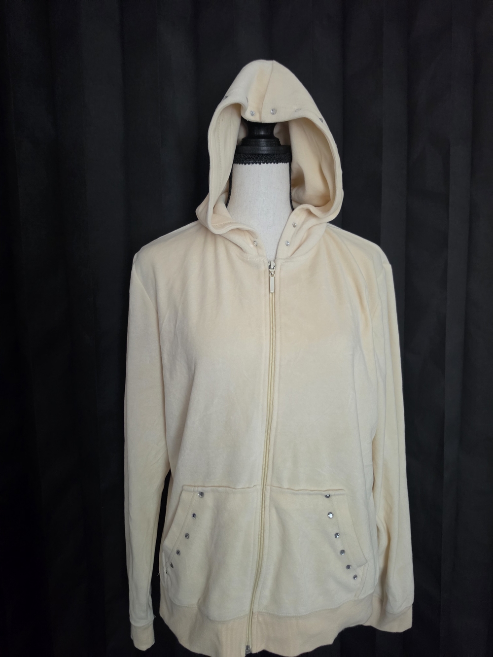 Y2K Soho Lady Cream Velour Rhinestone Zip Hoodie L